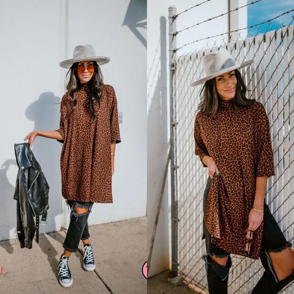 NWT Dressed In LALA Icon Mock Neck Top Brown Leopard Boxy Tunic Boho Size S - Picture 1 of 11